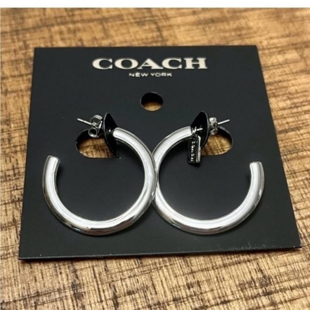 Coach Silver Open Hoop Earrings Polished Metal Classic Hoops NWT